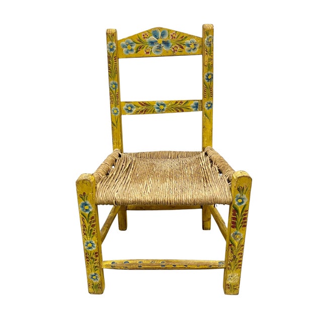 Mexican Early 20th Century Yellow Hand-Painted Mexican Folk Art Child’s Chair With Woven Rush Seat For Sale - Image 3 of 14