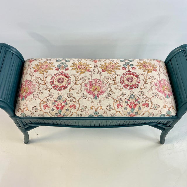 Wood Mid-Century Boho Chic Coastal Bamboo Bench - Newly Upholstered in Ikat Linen For Sale - Image 7 of 18