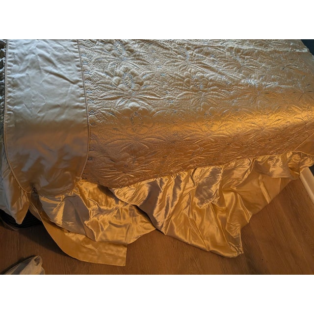 Hollywood Regency Gold Satin Bedspread Full Floral Embroidered For Sale - Image 11 of 12