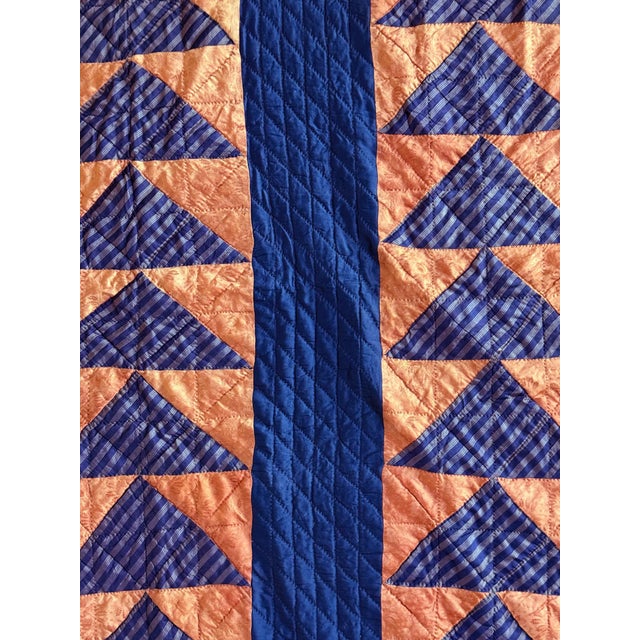 Blue Antique American Flying Geese Patterned Satin Quilt with Skirts For Sale - Image 8 of 12