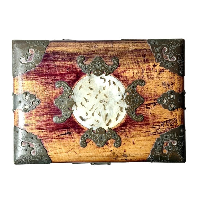 Chinese 1920s Chinese Rosewood Box With Jade and Brass For Sale - Image 3 of 9