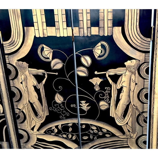 Art Deco 4-Panel Black Lacquer & Gilt Screen, Attributed to Paul Fehér, 20th C. For Sale - Image 9 of 14