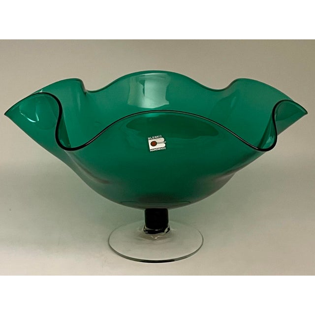 Elegant large vintage Blenko hand-blown and hand-formed emerald green art glass centerpiece bowl with graceful flowing...