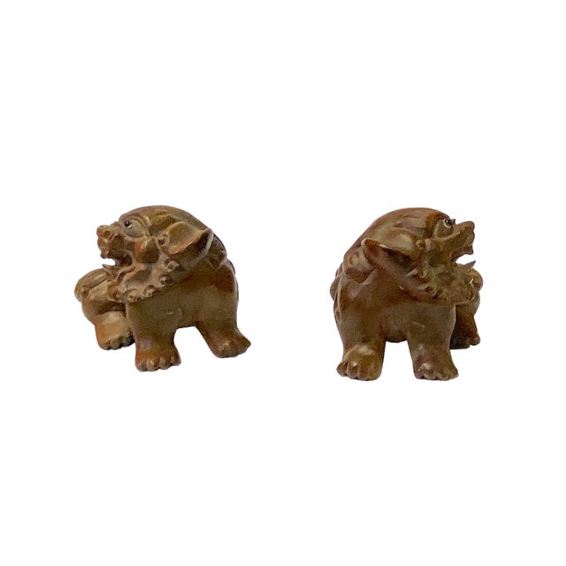 Figurative Chinese Pair Wood Carved Mini Foo Dog Lion FengShui Figure For Sale - Image 3 of 7