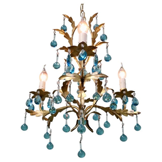 Vintage French Turquoise Crystal and Tolewear Chandelier, 1920 For Sale - Image 9 of 9