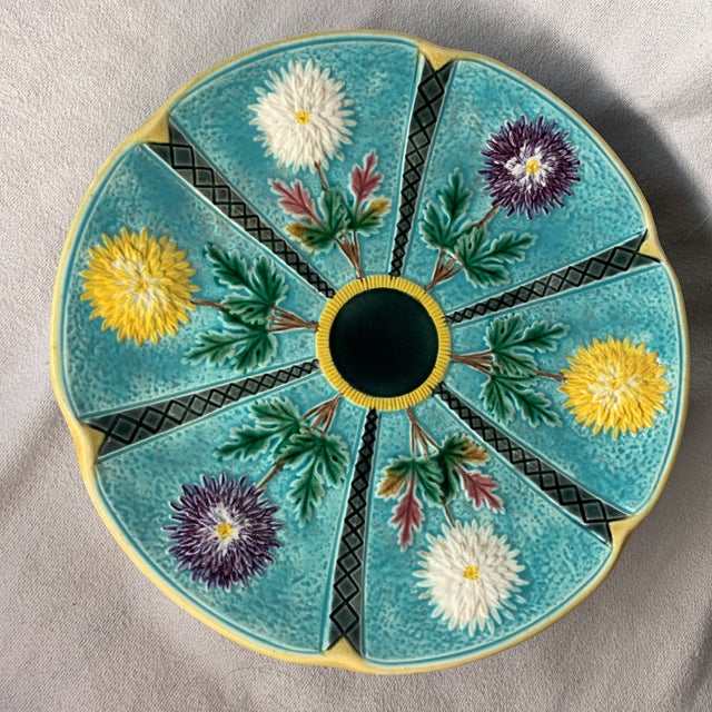 This is a rare Wedgwood majolica chrysanthemum cake or pastry stand featuring a vibrant turquoise ground and colorful...