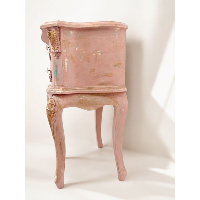 Vintage French Pink Distressed Nightstand With Floral Carvings For Sale - Image 10 of 13