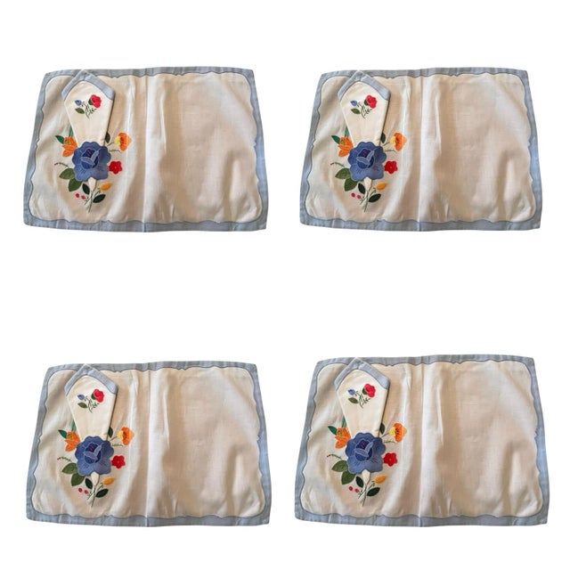 Vintage Set of 4 Placemats & Matching Napkins Early to Mid 20th Century Blue Farmhouse Embroidered Tatting Shabby Chic Traditional English Cottage For Sale - Image 4 of 14