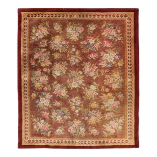 Antique Hand Knotted European Savonnerie Rug in Wool With Floral Design For Sale