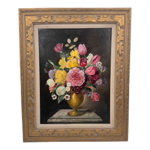 Vintage European School Floral Still Life Oil on Board Tulips