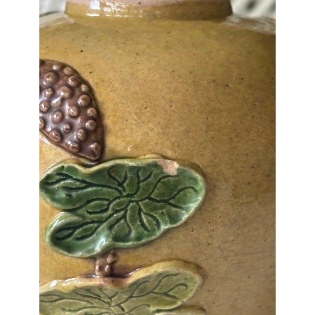 Antique Chinese Mustard Glazed Pottery Lotus & Crane Relief Vase / Ginger Jar For Sale - Image 16 of 16