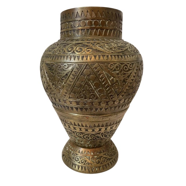 Islamic Antique Middle Eastern (?) Ornate Brass Vase 11" Hand Engraved For Sale - Image 3 of 8