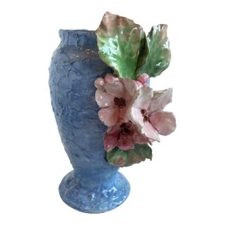 Barbotine Majolica Floral Vase For Sale