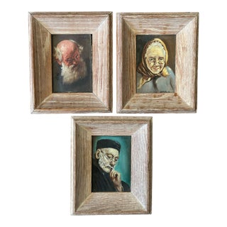 Set of Three Original Small Portrait Paintings, Framed For Sale