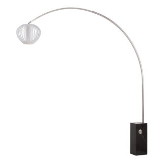 Iconic 95" Arc Floor Lamp, Satin Nickel, Sphere White Shade, Dimmable, Marble Base For Sale