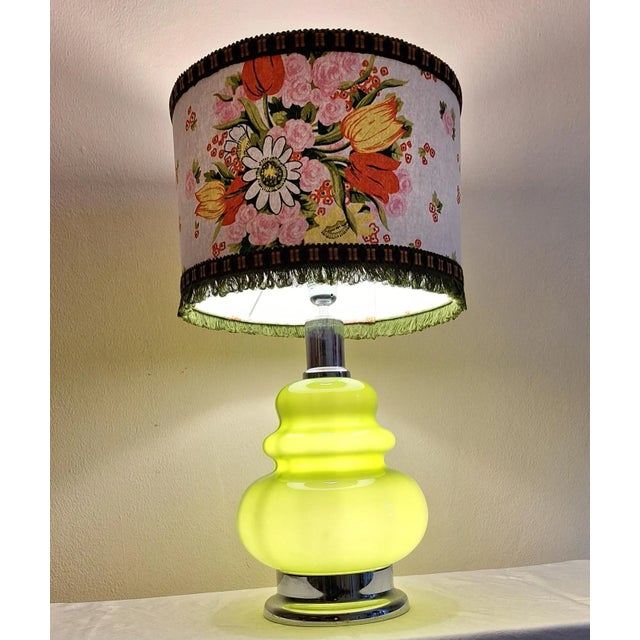 Vintage Table Lamp with Internally Lit Green Glass Base on Chrome-Plated Metal Mount with Handmade Fabric Shade by Lamplove, 1970s For Sale - Image 3 of 8