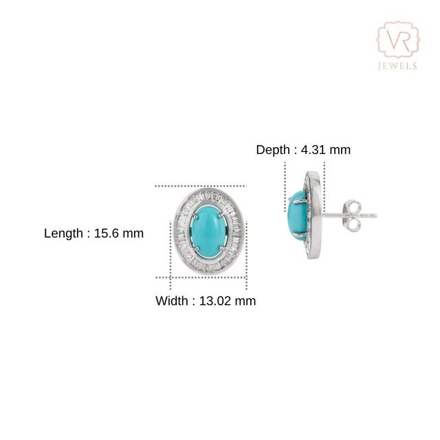 14k White Gold Halo Stud Earrings With 2.52ct Turquoise & Diamonds- A Pair For Sale - Image 11 of 15