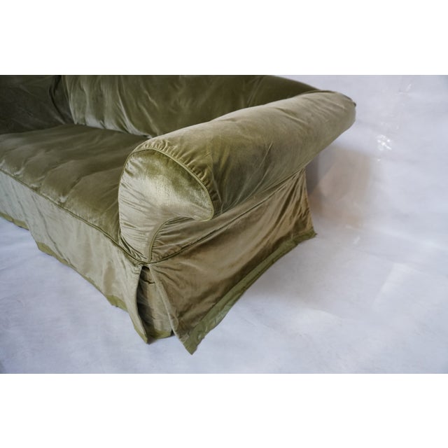 Pair of Curved Back Tufted Damask Sofas Includes Silk Velvet Slip Covers For Sale - Image 13 of 18