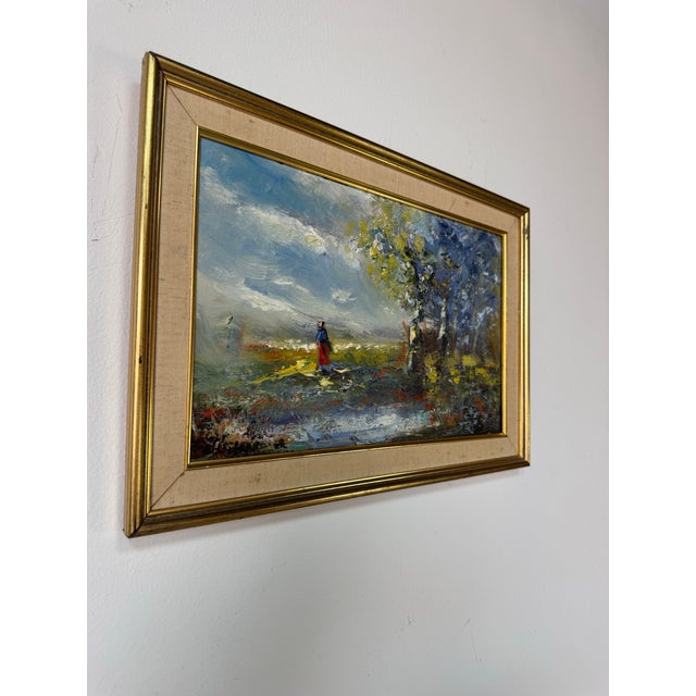 A striking vintage oil painting on masonite signed Alessandro and dated 1968. Executed in a bold Impressionist-Abstract...
