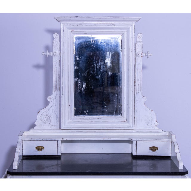 Small Antique White Pine Chest of 4 Drawers with Marble Top and Mirror, Late 19th Century For Sale - Image 6 of 12