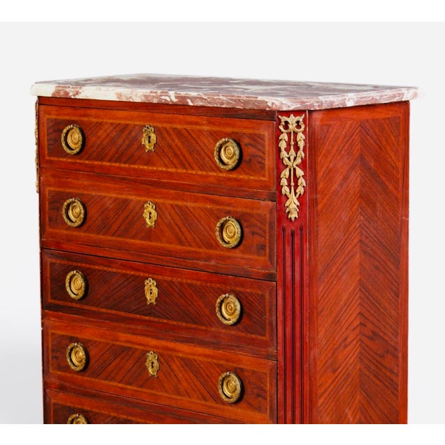 Pair of 19th Century French Louis XVI Gilt-Bronze & Parquetry Marble-Top Semainiers For Sale - Image 9 of 11