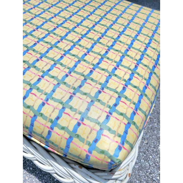 1980s Vintage Huge Braided Off White Wicker Upholstered Yellow Blue Plaid Regency Bench For Sale - Image 5 of 10