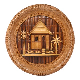 Vintage Tropical Cottage Wicker Textile Wall Art For Sale