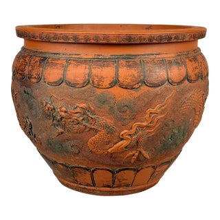 Antique 15" Japanese Red Clay Pottery Dragon Planter Pot Jardiniere For Sale