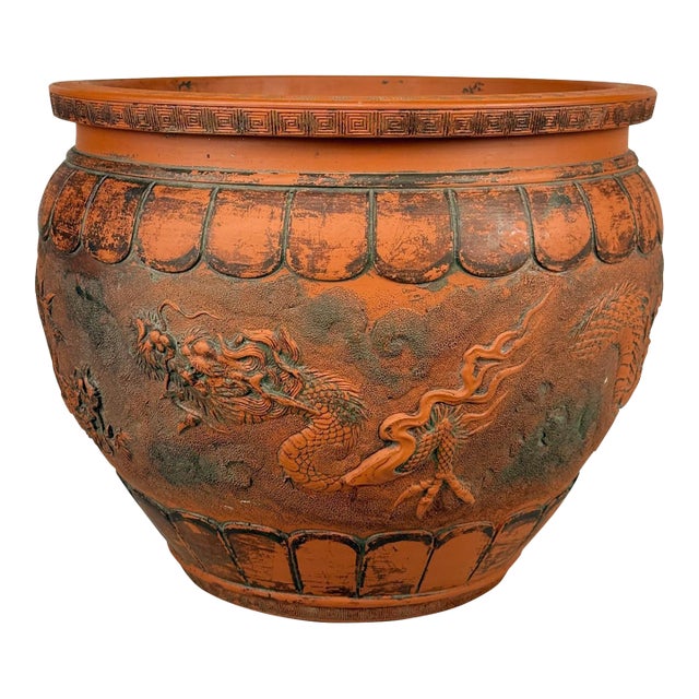 Antique 15" Japanese Red Clay Pottery Dragon Planter Pot Jardiniere For Sale