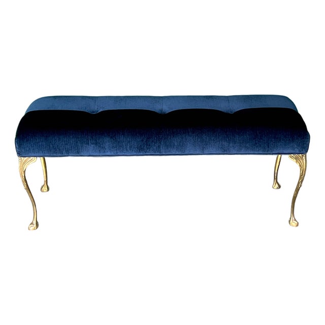 Vintage Brass and Navy Blue Chenille Bench For Sale