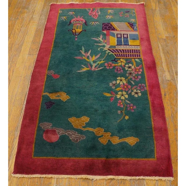 Art Deco 1920s Green Garden Landscape Antique Chinese Art Deco Carpet 2' 6'' X 4' 5'' Knotted Wool Rug For Sale - Image 3 of 10
