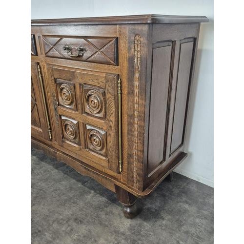 Low Sideboard with Three Doors in Carved Oak on Ball Feet For Sale - Image 4 of 7