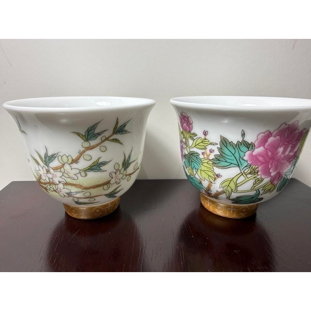 Chinese Late 20th Century Kangxi Signed Chinese Famille Rose Flower Cups W/Poem Hand Painted - a Pair For Sale - Image 3 of 12