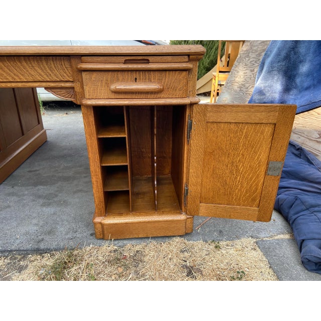 Wood 1940s Vintage Oak Partners Executive Double Sided Desk For Sale - Image 7 of 12