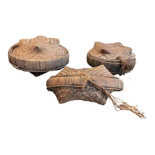 Vintage African Woven Kuba Baskets- a Set of 3 For Sale