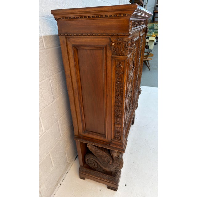 Antique French Renaissance Revival Carved Oak Hunt Cabinet / Buffet For Sale - Image 4 of 16
