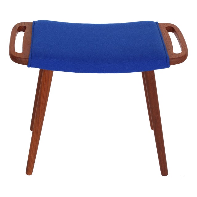 Teak Stool with Blue Wool Cover, 1950s For Sale