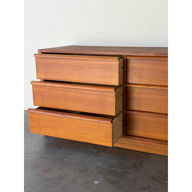 Wood 1960s Mid Century Danish Teak 9 Drawer Dresser Long Lowboy For Sale - Image 7 of 11