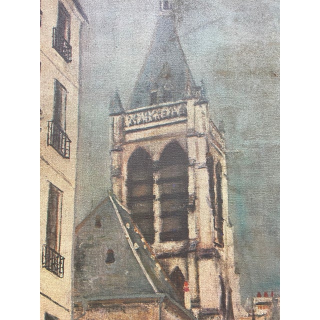 Blue Mid Century Paris Street Scene Canvas | After Maurice Utrillo | Vintage French Wall Art | European Cityscape Décor | 1950s For Sale - Image 8 of 13
