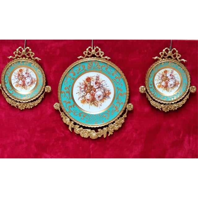 Set of 3 Baroque Ceramic Turquoise Wall Art Pieces With Ornate Gold Frames & Floral Artwork For Sale - Image 4 of 4
