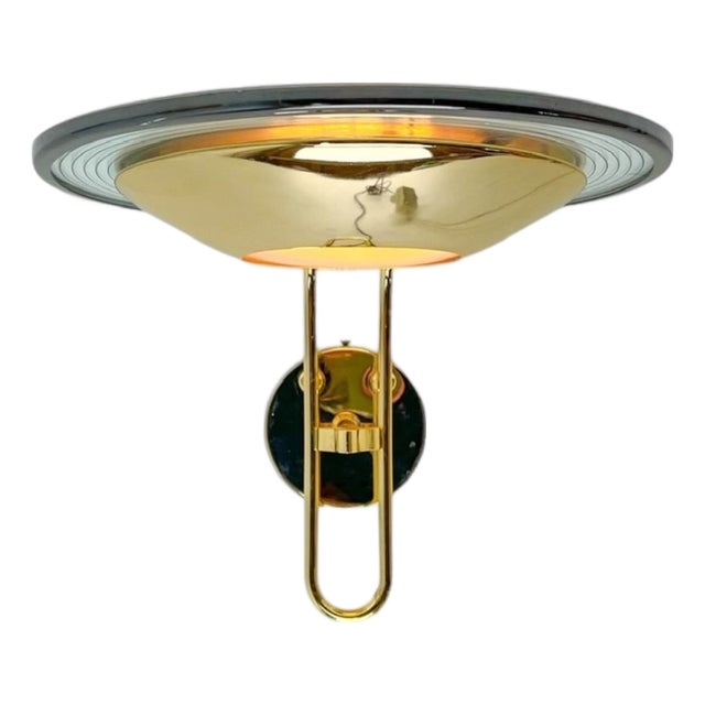 Italian Round Brass and Glass Disc Wall Lamp, 1970s For Sale