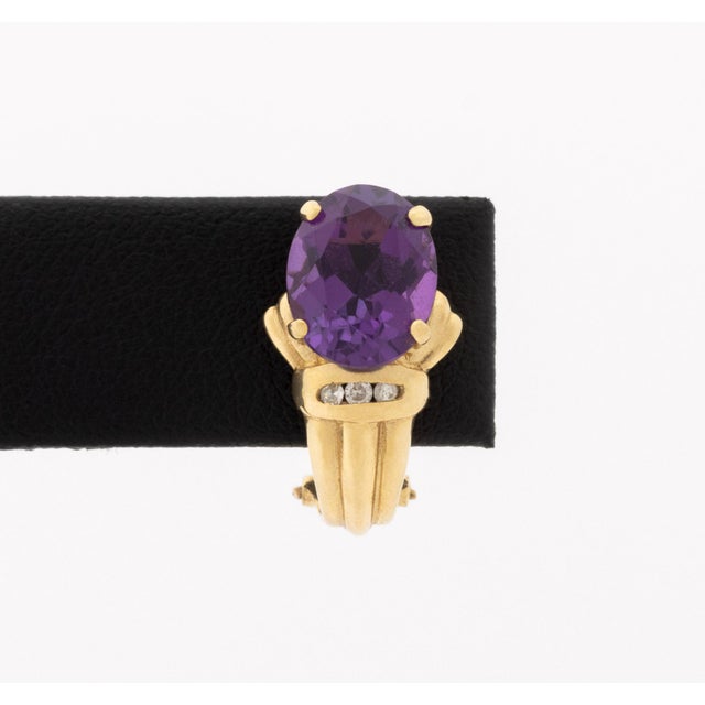 Modern 14k Yellow Gold Amethyst and Diamond Hoop Earrings For Sale - Image 3 of 7