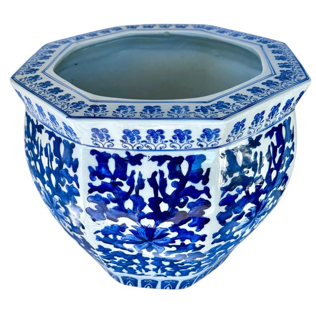 1990s Blue and White Cachepot Jardienere Plant Holder Chinoiserie Porcelain Ceramic Chinese Asian For Sale - Image 9 of 12