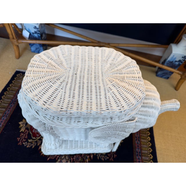 White Vintage White Wicker Elephant Side Table, Trunk Up For Sale - Image 8 of 9