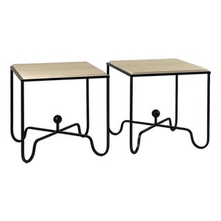 Pair of Tall Iron and Travertine 'Entretoise' Side Tables by Design Frères For Sale