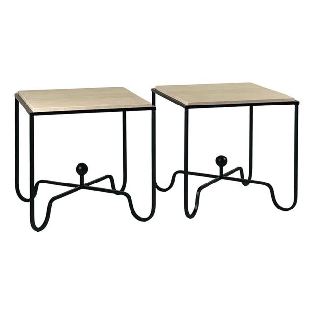 Pair of Tall Iron and Travertine 'Entretoise' Side Tables by Design Frères For Sale