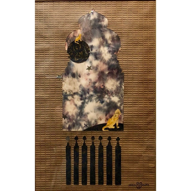 Paloma Picasso, Original Paloma Picasso Vintage Paper and Foil Collage Painting Cat Abstract Mod For Sale