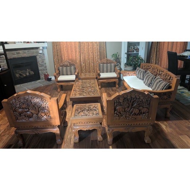 Pure Forest Teakwood Highly Engraved Thailand Living Room 8-Piece Antique Furniture With Glass Tops , Pillows and Cusions Included in Addition For Sale - Image 4 of 11