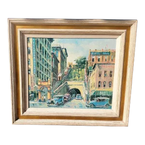 1940s "Angels Flight" Los Angeles City Scene Oil Painting by Ben Abril, Framed