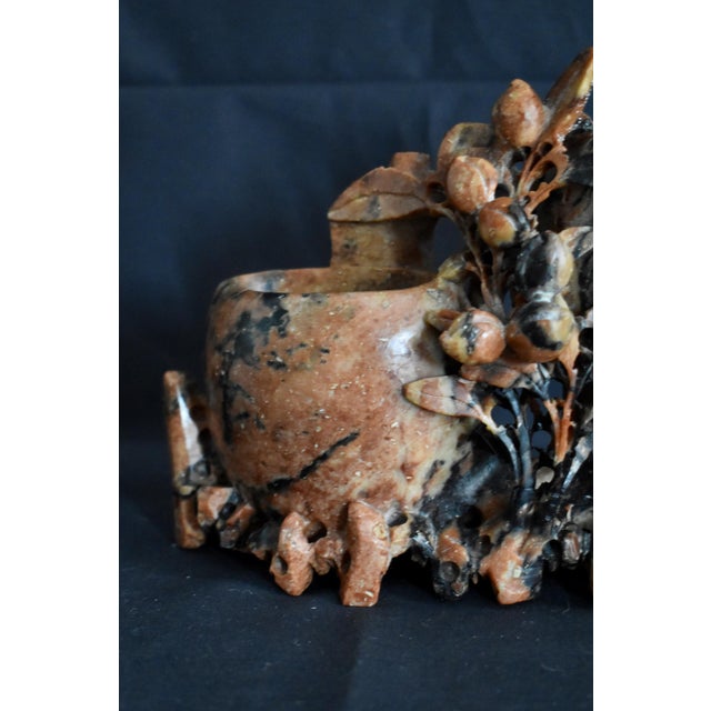 Antique Chinese Carved Soapstone Double Vase Floral Sculpture Pot Red Black For Sale In Philadelphia - Image 6 of 14